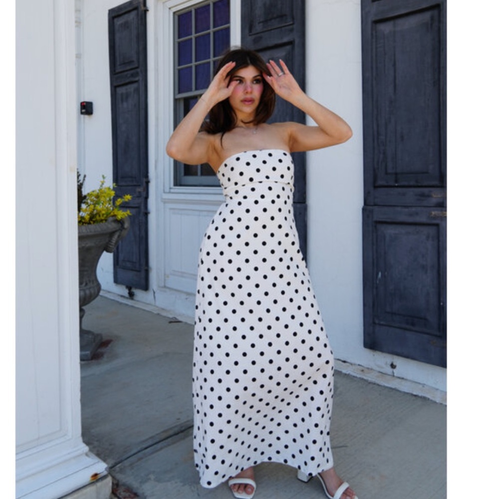 Olivaceous White Linen Blend Black Polka Dot dress